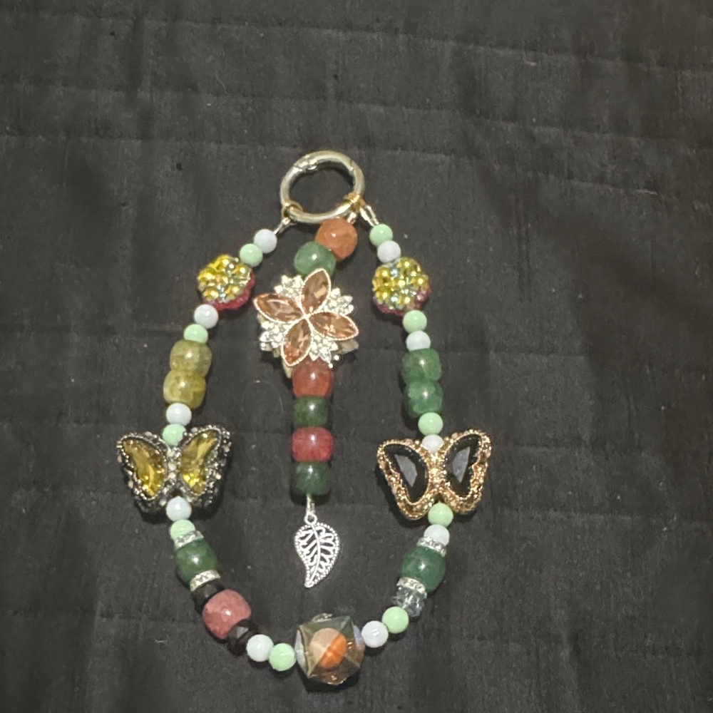 Handcrafted Green and Multicolor Beaded keychain,phone-chain with Butterfly